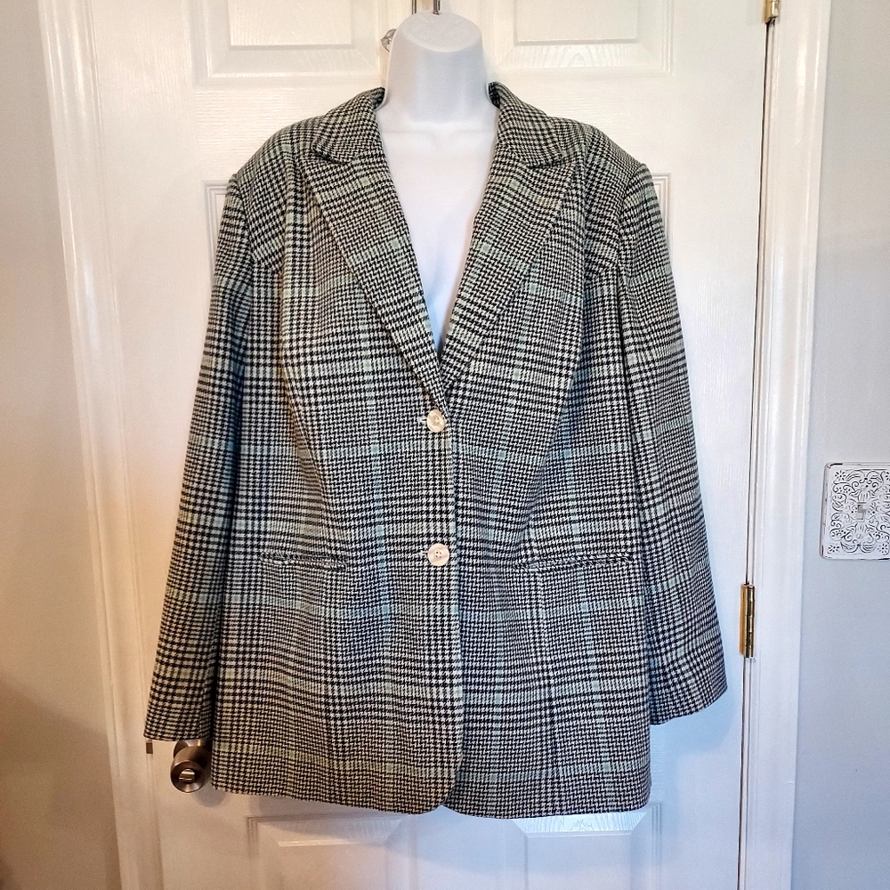 Jessica London Wool Houndstooth Blazer Navy Cream Teal sz. 20 Academia